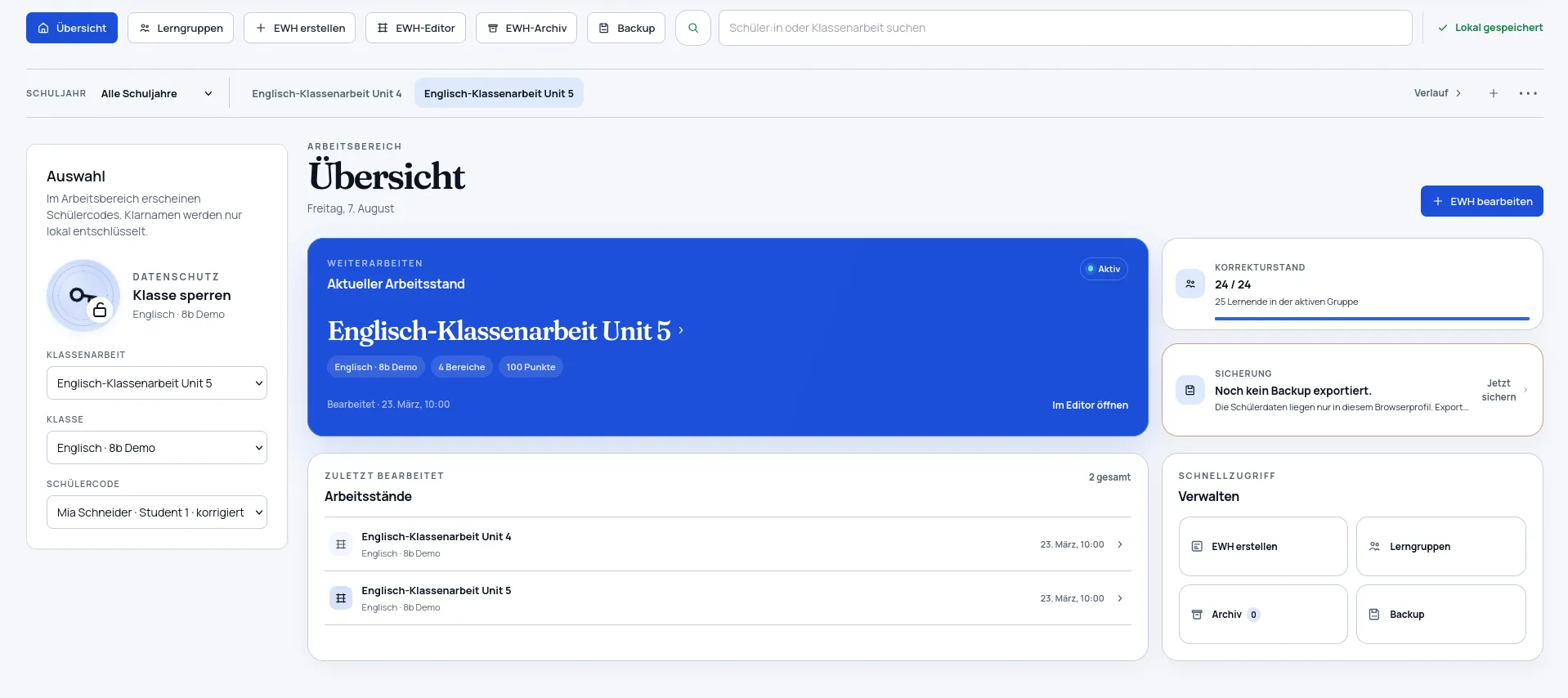 Übersicht einer Klassenarbeit im Erwartungshorizont Studio