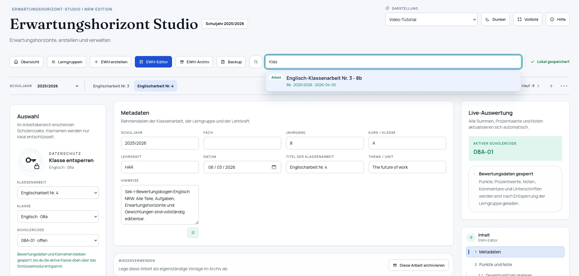 Suche und Navigation im Erwartungshorizont Studio